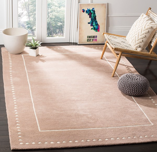 Beige Modern Border Wool Area Rug – Soft Hand-Tufted Minimalist Dotted Design Carpet for Living Room, Bedroom & Contemporary Home Décor