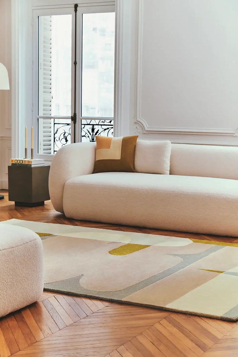 Abstract Neutral Hand Tufted Wool Rug – Modern Beige & Mustard Organic Shape Area Rug