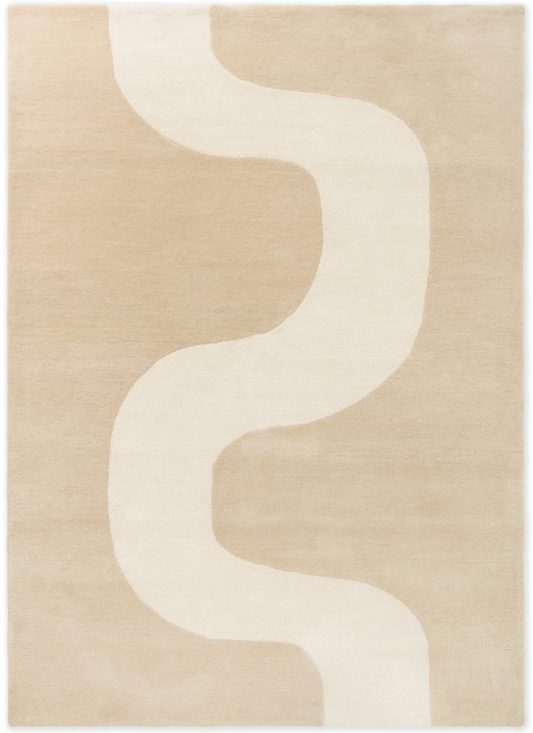 Modern Beige and Ivory Abstract Wool Rug – Handwoven Minimalist Wavy Design Carpet for Living Room & Bedroom Décor