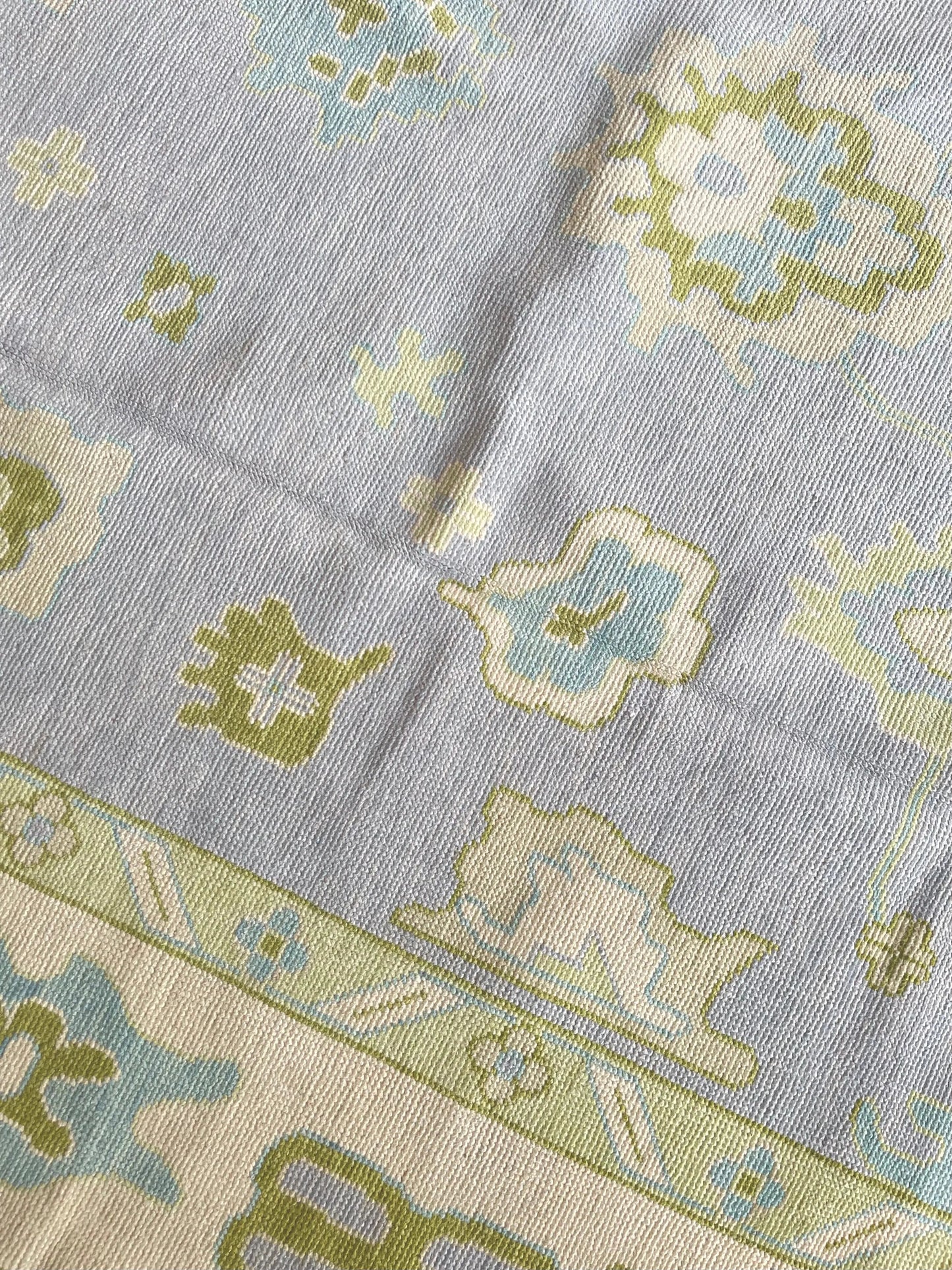 Light Blue & Green Hand Knotted Oushak Rug – Modern Turkish Wool Carpet | Soft Pastel Floral Area Rug for Living Room, Bedroom & Home Decor