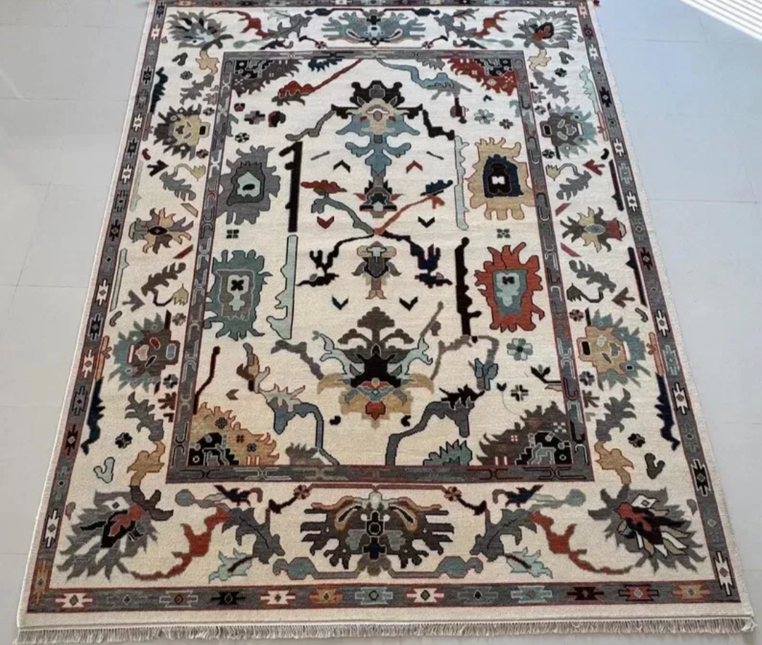 Ivory Oushak Area Rug – Hand Knotted Turkish Wool Carpet for Living Room Décor