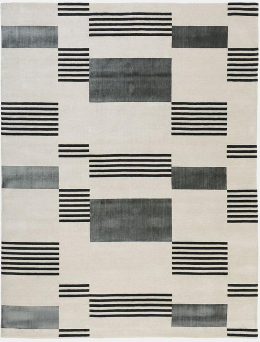 Modern Geometric Handwoven Wool Rug – Minimalist Black & Grey Abstract Pattern Carpet for Living Room, Bedroom & Office Decor