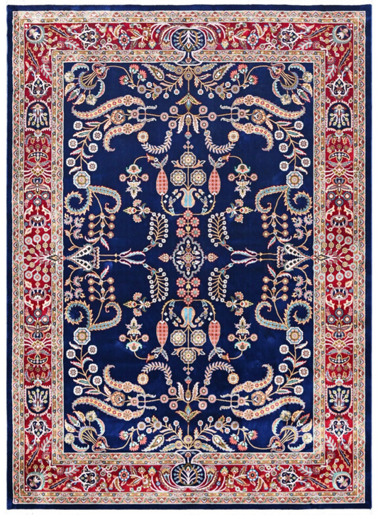 Luxury Persian Silk Area Rug – Royal Blue Floral Design with Rich Red Traditional Border