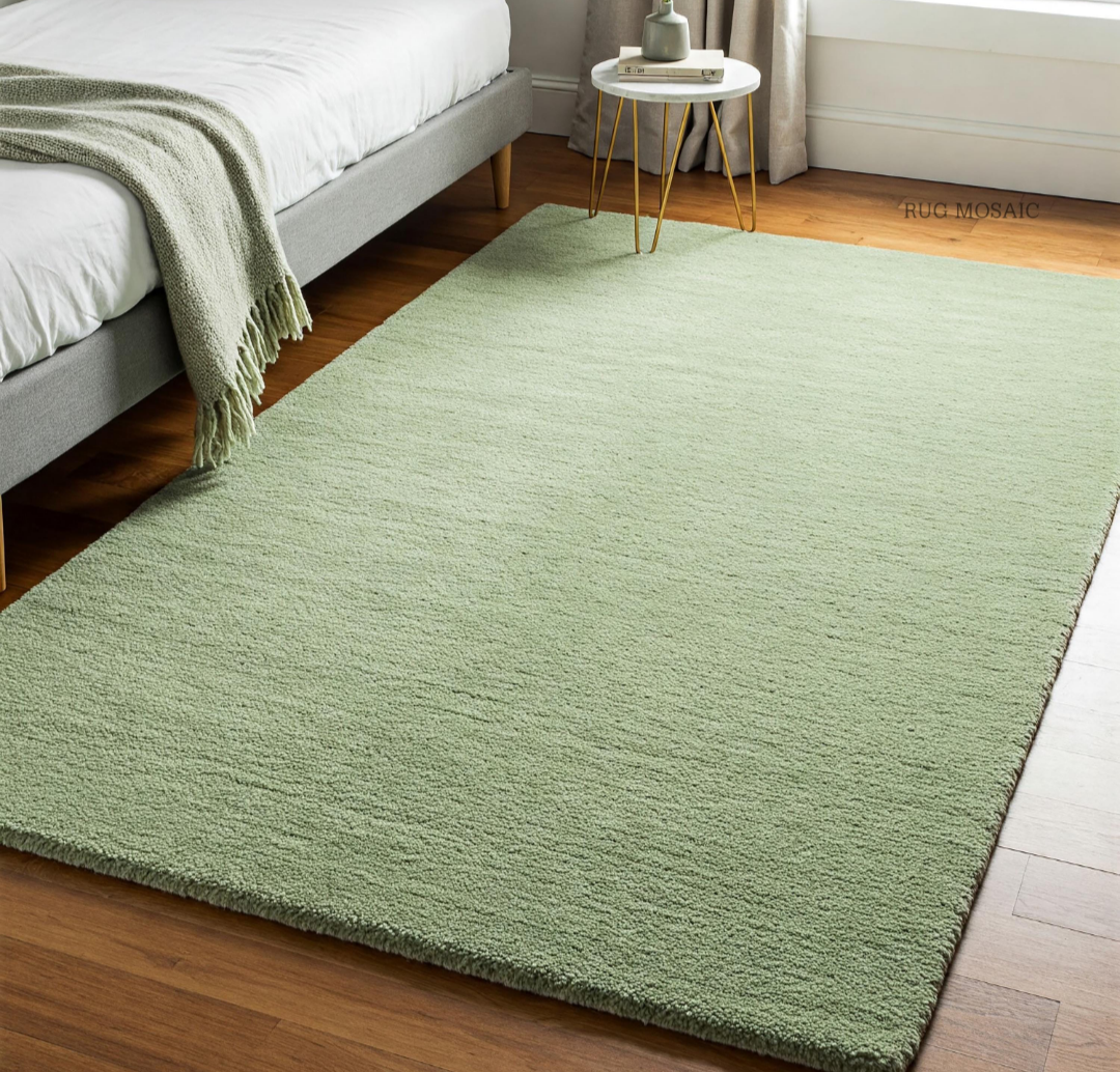 Sage Green Wool Area Rug Soft Handwoven Modern Carpet for Living Room