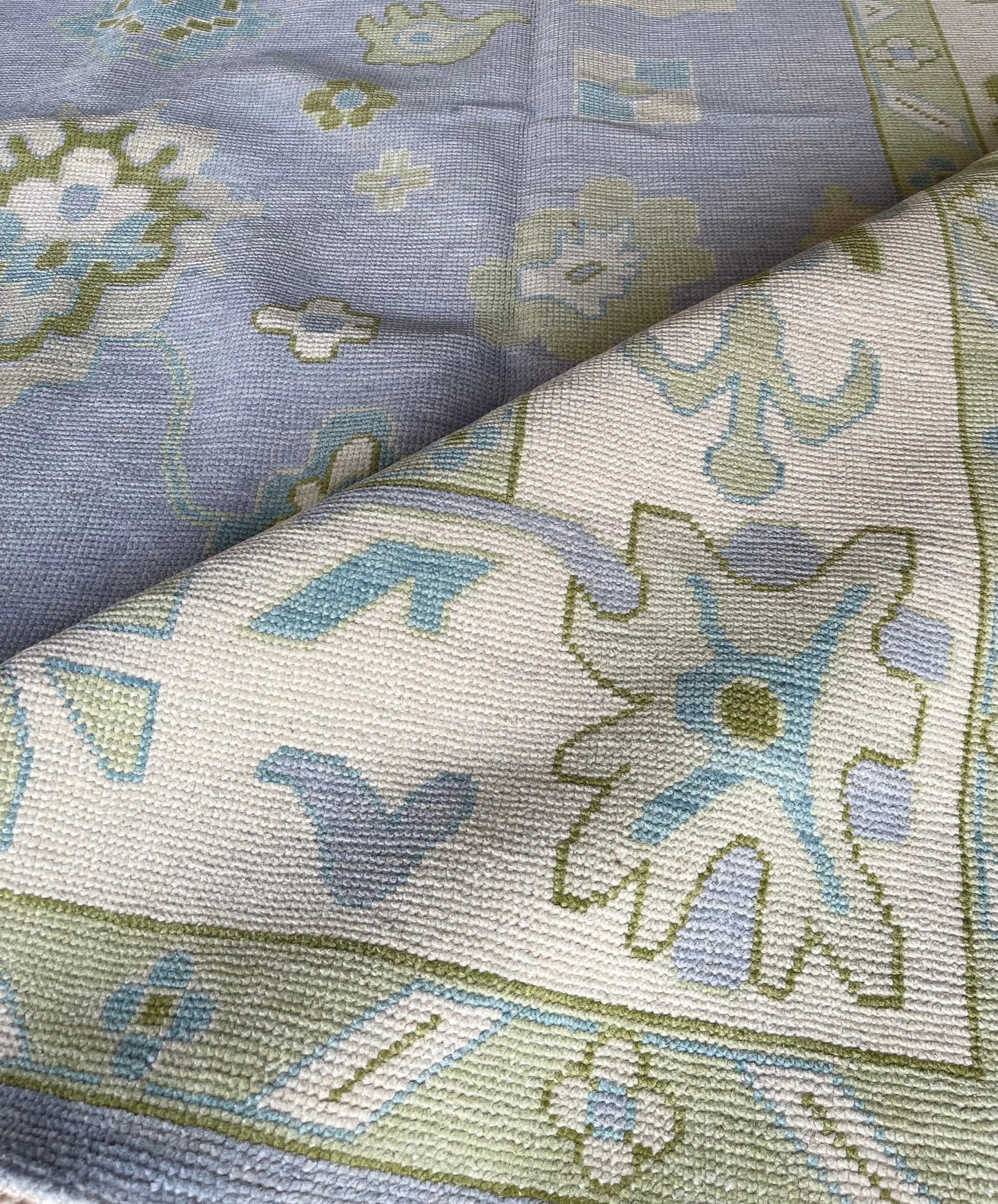 Light Blue & Green Hand Knotted Oushak Rug – Modern Turkish Wool Carpet | Soft Pastel Floral Area Rug for Living Room, Bedroom & Home Decor