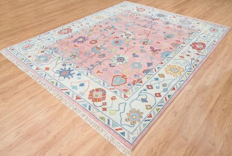 Hand Knotted Pink Oushak Rug – Modern Turkish Wool Area Rug | Soft Pastel Oriental Carpet, Boho Chic Living Room & Bedroom Decor