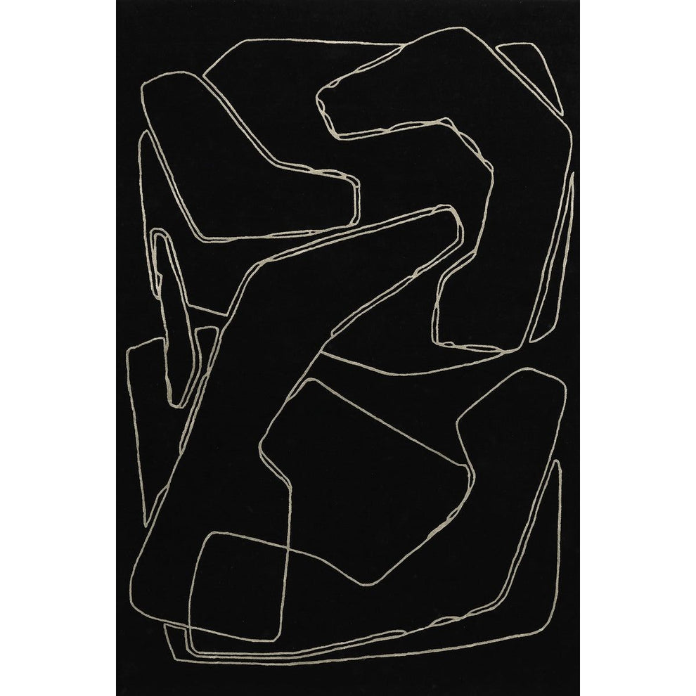 Modern Black Abstract Area Rug – Hand Tufted Wool Carpet with Minimalist White Line Art | Contemporary Living Room & Bedroom Decor