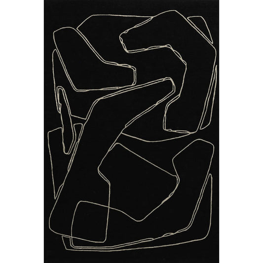 Modern Black Abstract Area Rug – Hand Tufted Wool Carpet with Minimalist White Line Art | Contemporary Living Room & Bedroom Decor