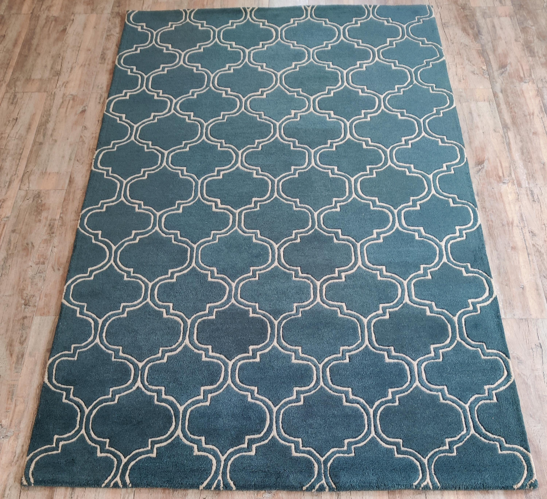 Handmade Moroccan Trellis Wool Rug | Modern Blue & Ivory Geometric Area Carpet | Stylish Living Room, Bedroom & Office Floor Decor