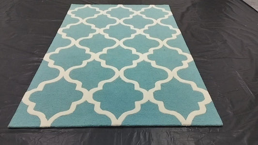 Turquoise Moroccan Trellis Area Rug – Soft Hand-Tufted Carpet with White Geometric Pattern for Living Room, Bedroom & Modern Home Décor