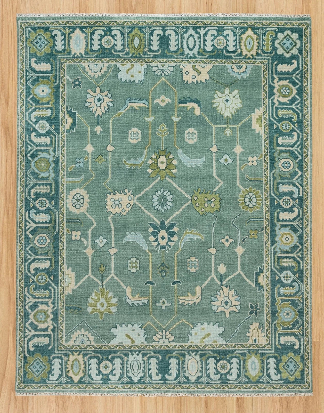 Luxury Hand-Knotted Oushak Rug – Soft Green Turkish Wool Carpet for Elegant Homes
