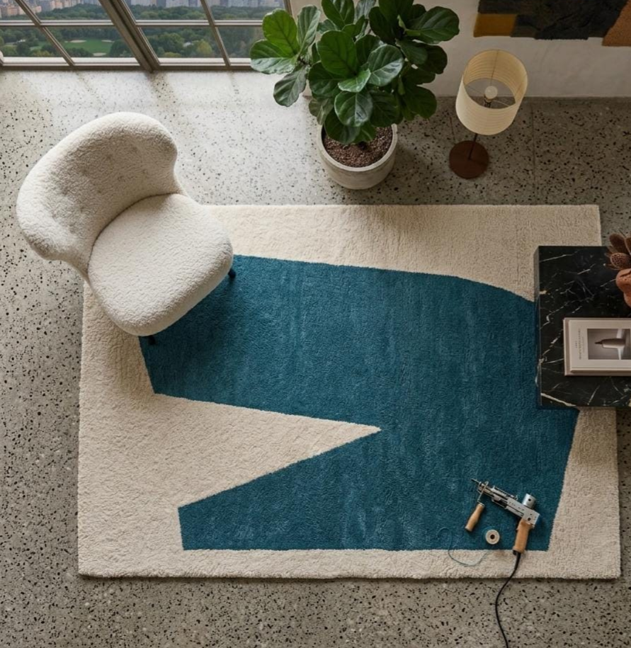 Modern Geometric Hand Tufted Rug – Luxury Cream & Teal Abstract Area Rug, Scandinavian Minimalist Wool Carpet, Contemporary Living Room Decor Rug