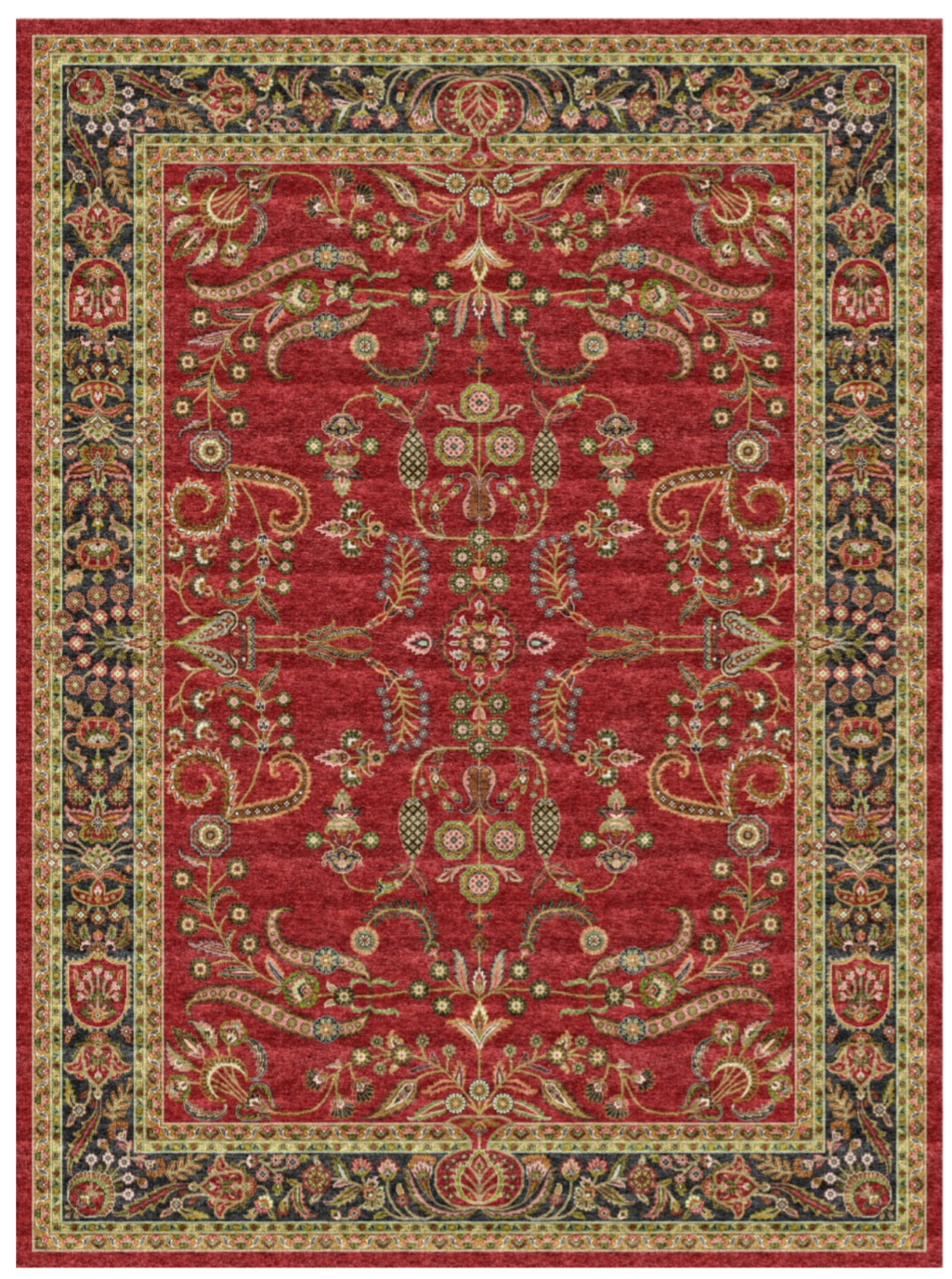 Luxury Persian Silk Area Rug – Deep Crimson Botanical Design with Traditional Ornate Border