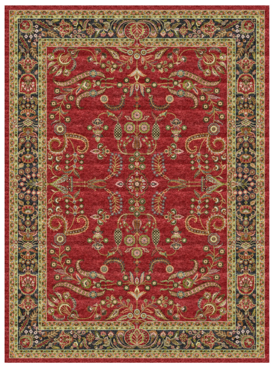 Luxury Persian Silk Area Rug – Deep Crimson Botanical Design with Traditional Ornate Border