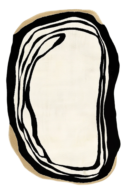 Modern Abstract Organic Shape Hand Tufted Rug – Black, White & Beige Contemporary Art Carpet, Irregular Statement Area Rug