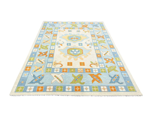 Hand Knotted Oushak Rug – Pastel Blue Turkish Wool Vintage Medallion Area Carpet