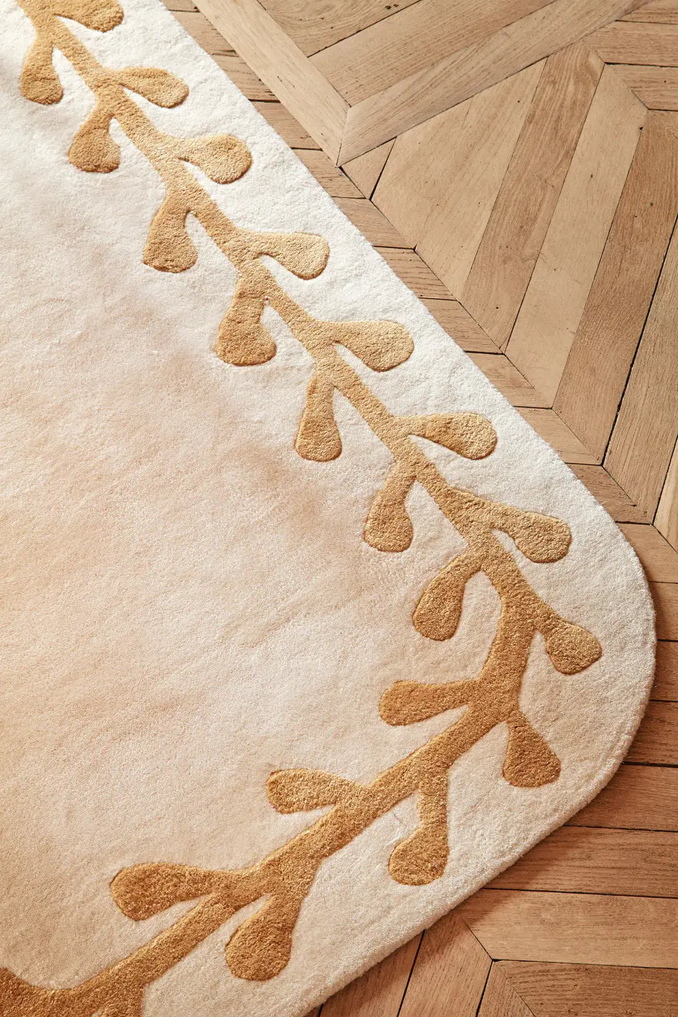 Ivory & Gold Vine Hand Tufted Wool Rug – Modern Luxury Floral Border Area Rug for Living Room, Bedroom & Nursery