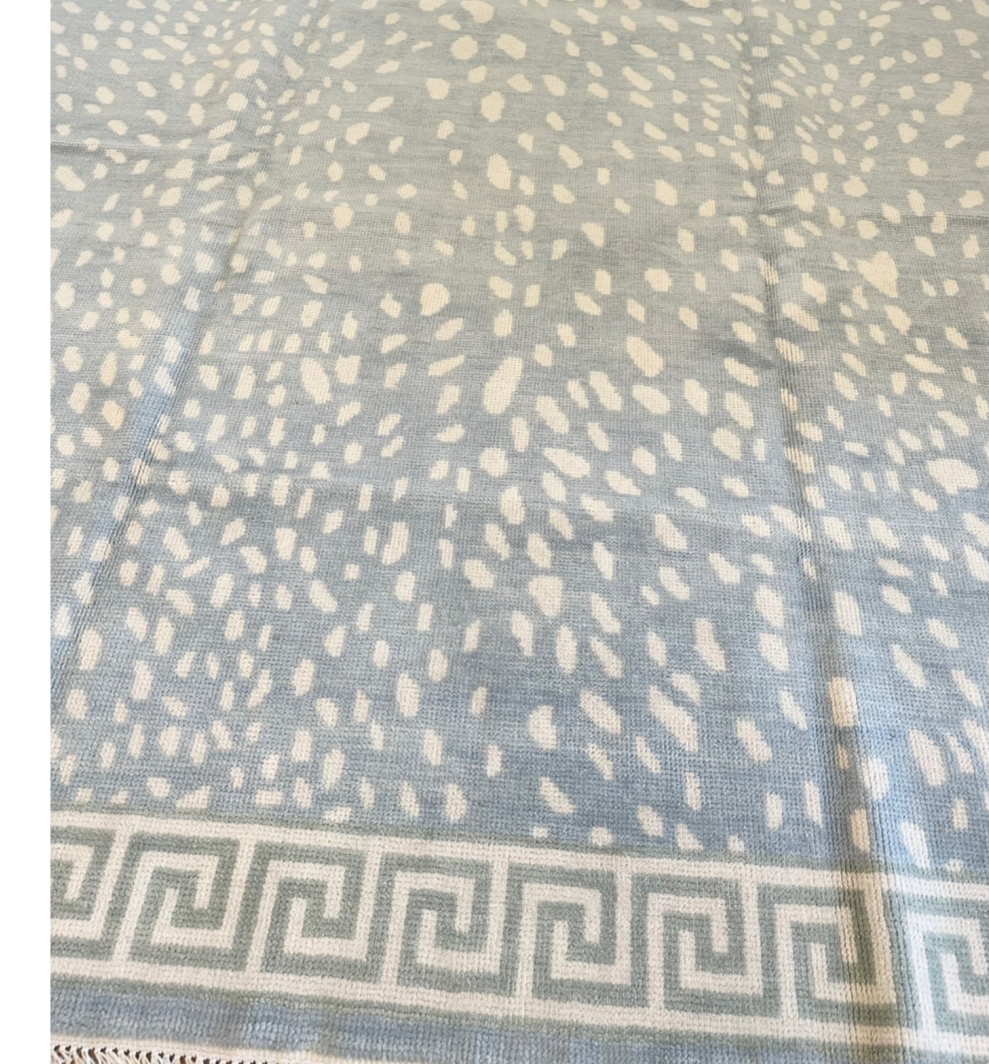 Hand Knotted Oushak Rug – Blue Modern Antelope Pattern with Greek Key Border | Luxury Wool Area Carpet