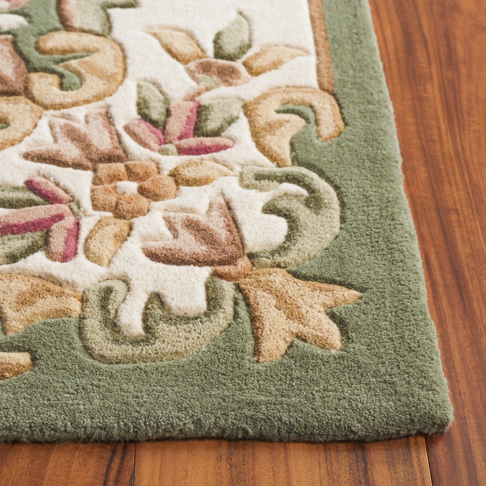Classic Green Aubusson Area Rug – Handcrafted Wool Carpet with Ivory Floral Border for Elegant Living Room & Bedroom Décor