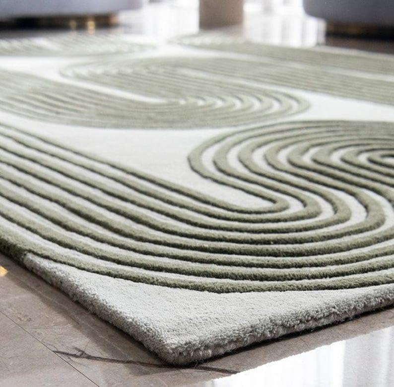 Modern Geometric Area Rug – 3D Carved Line Pattern in Beige & Olive Green for Living Room, Bedroom, and Contemporary Home Décor