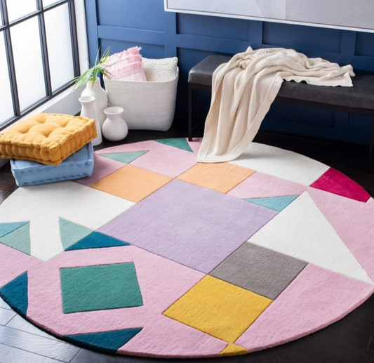 Round Colorful Geometric Area Rug – Modern Abstract Multicolor Carpet for Kids Room, Nursery, or Playroom Decor