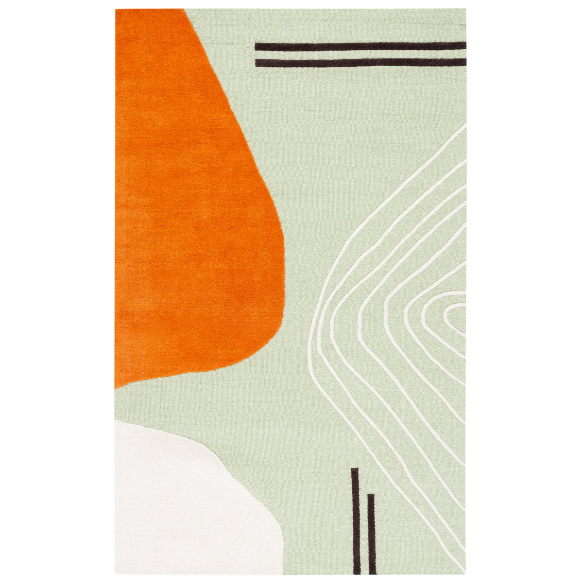 Modern Abstract Wool Rug – Green, Orange & White Hand-Tufted Carpet with Minimalist Line Art for Living Room & Office Decor