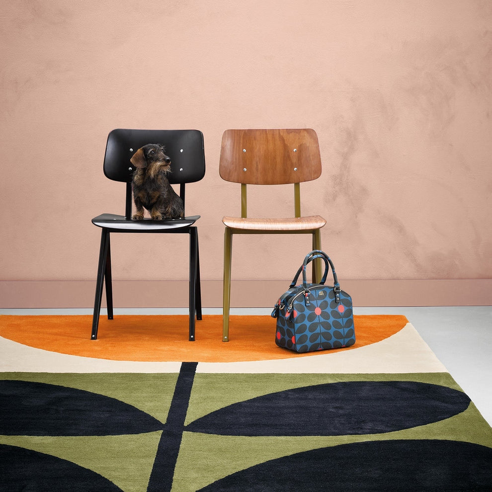 Modern Geometric Flower Rug – Handmade Orange & Black Botanical Design Carpet for Living Room & Bedroom Decor