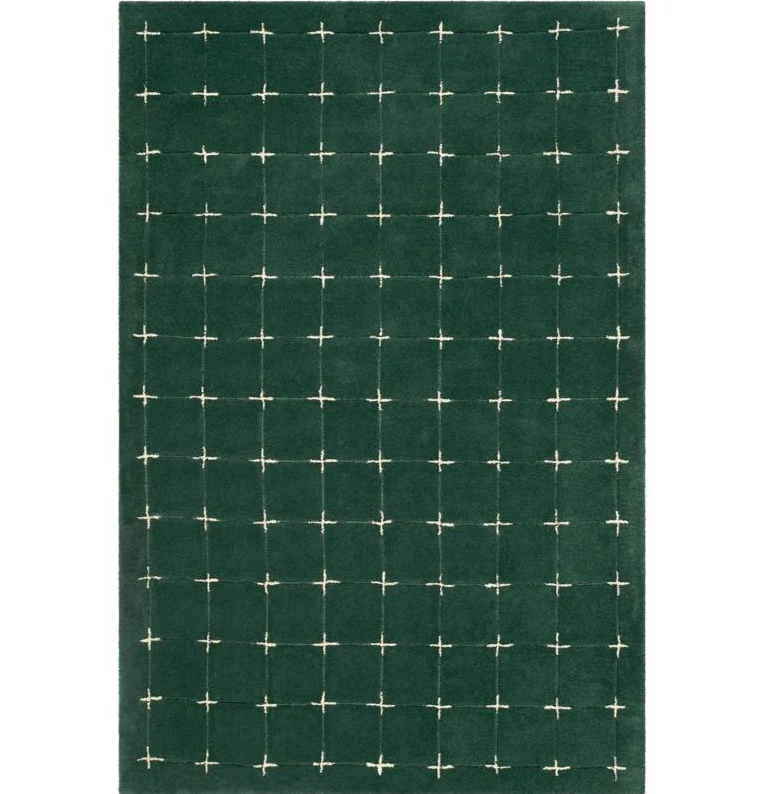 Modern Green Grid Area Rug with Cross Stitch Pattern – Minimalist Geometric Carpet for Living Room, Bedroom & Contemporary Home Décor