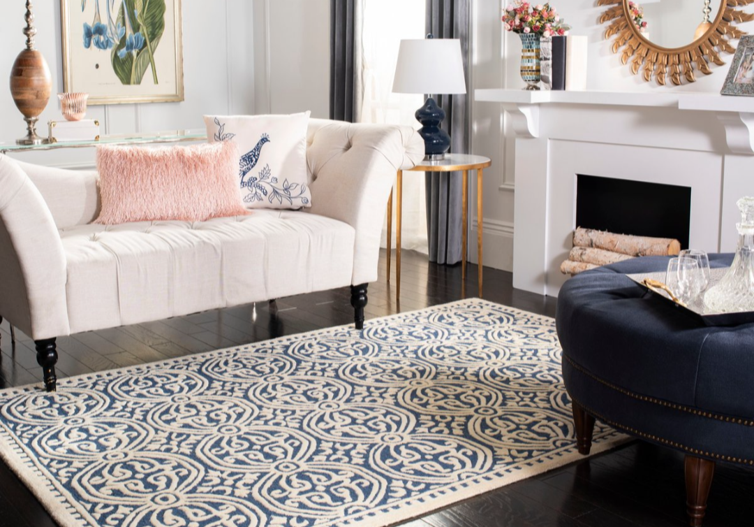 Blue & Ivory Area Rug with Bold Geometric Medallion Pattern – Modern Woven Carpet for Living Room, Bedroom & Home Décor