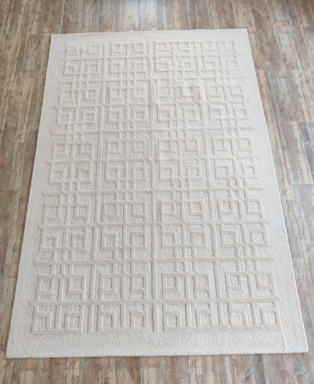 Handmade Beige Wool Rug | Modern Geometric Embossed Pattern Area Carpet | Minimalist Neutral Floor Rug for Living Room, Bedroom & Office Decor