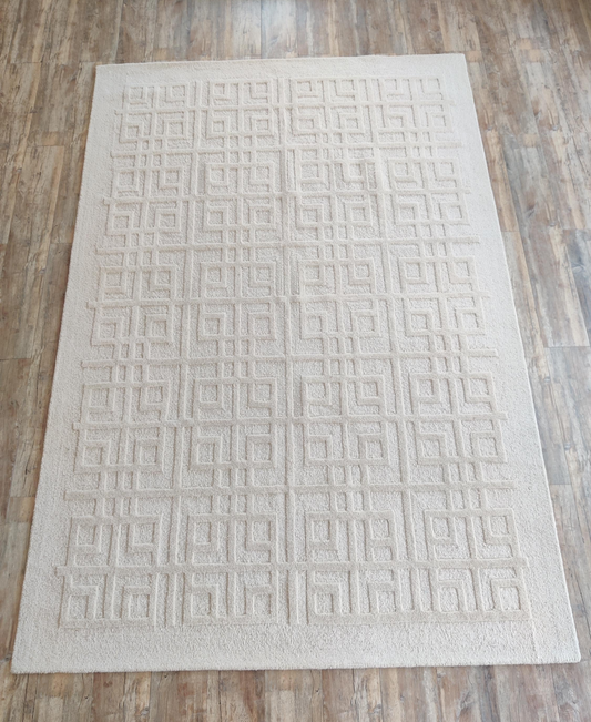 Handmade Beige Wool Rug | Modern Geometric Embossed Pattern Area Carpet | Minimalist Neutral Floor Rug for Living Room, Bedroom & Office Decor
