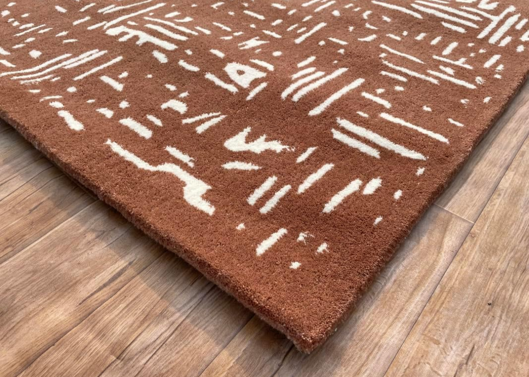 Modern Rust Brown and White Abstract Geometric Tufted Area Rug – Soft Handmade Contemporary Carpet for Living Room, Bedroom, Office Decor
