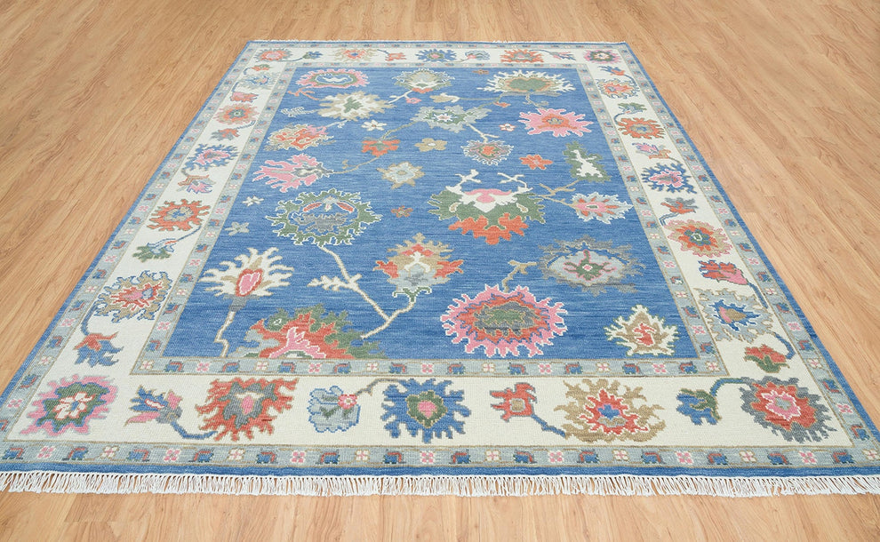 Hand-Knotted Blue Oushak Rug – Authentic Turkish Wool Carpet | Vintage-Inspired Oriental Area Rug for Living Room
