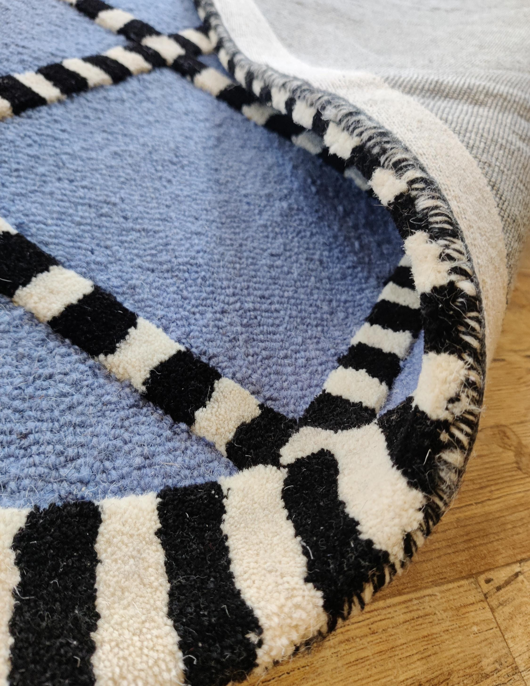 Handmade Blue Geometric Rug – Modern Tufted Diamond Pattern Carpet with Black & White Striped Border, Contemporary Area Rug for Home Decor