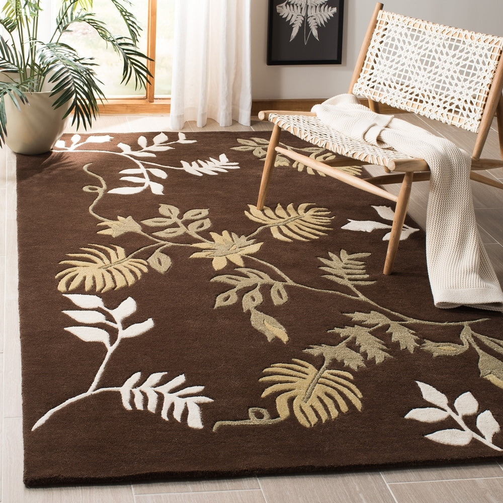 Brown Floral Area Rug – Elegant Botanical Leaf Pattern in Beige & White – Soft Hand-Tufted Carpet for Living Room, Bedroom & Modern Home Décor