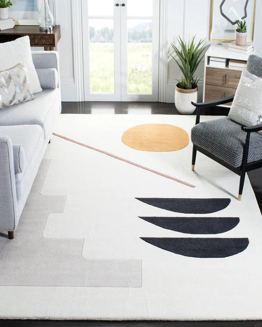 Minimalist Modern Abstract Area Rug – White Geometric Carpet with Sun & Shape Pattern for Living Room or Office Decor