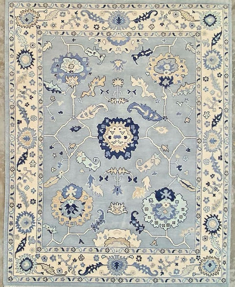 Hand Knotted Oushak Rug – Luxury Turkish Wool Carpet in Soft Blue & Ivory | Traditional Floral Area Rug