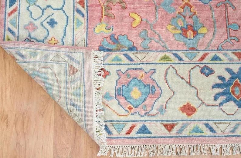 Hand Knotted Pink Oushak Rug – Modern Turkish Wool Area Rug | Soft Pastel Oriental Carpet, Boho Chic Living Room & Bedroom Decor