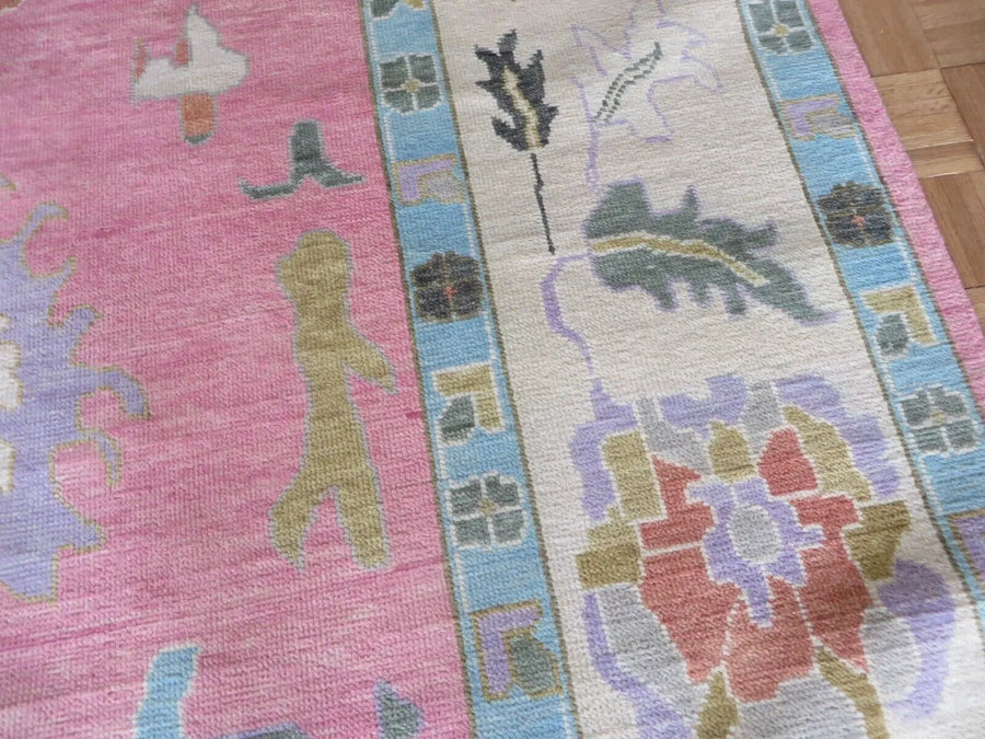 Blush Pink Hand Knotted Oushak Rug – Vintage Turkish Style Floral Medallion Carpet, Soft Pastel Large Area Rug for Living Room & Bedroom
