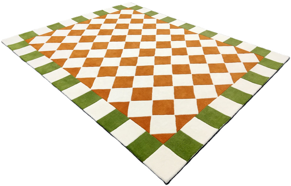 Checkered Area Rug with Green Border – Modern Hand-Tufted Carpet in Orange & White Diamond Pattern for Living Room, Dining Room & Contemporary Home Décor
