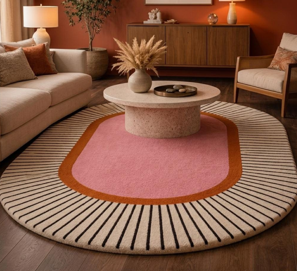 Hand Tufted Modern Sunburst Round Area Rug – Abstract Pink & Ivory Wool Carpet, Contemporary Geometric Designer Rug for Living Room, Bedroom & Nursery Decor