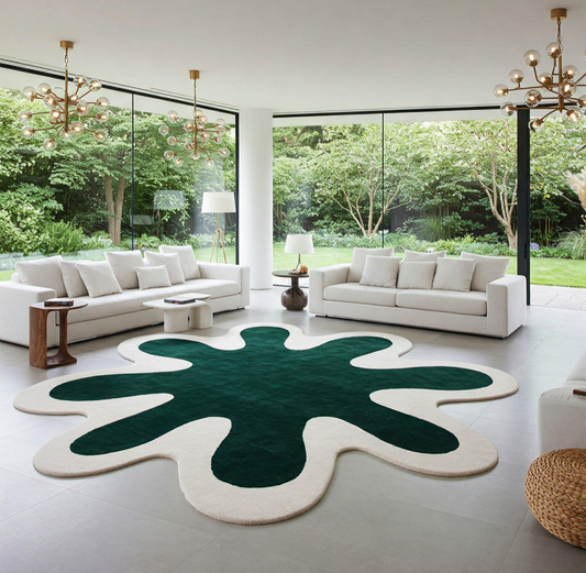 Modern Abstract Splatter Area Rug – Large Green and White Statement Carpet for Living Room or Lounge Decor