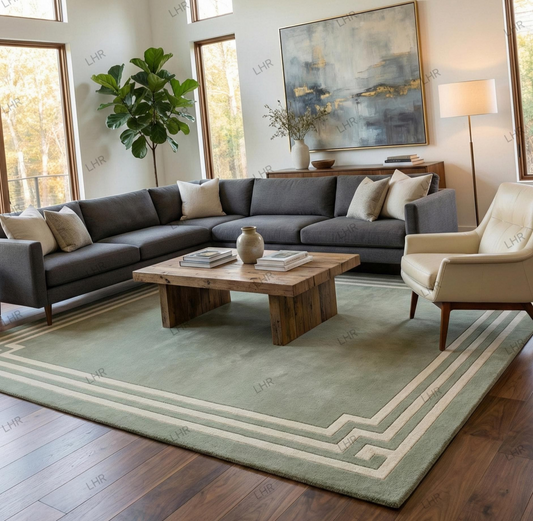 Hand Tufted Wool Area Rug, Modern Living Room Rug, Contemporary Geometric Border Carpet, Luxury Custom Size Rug, Minimalist Home Decor