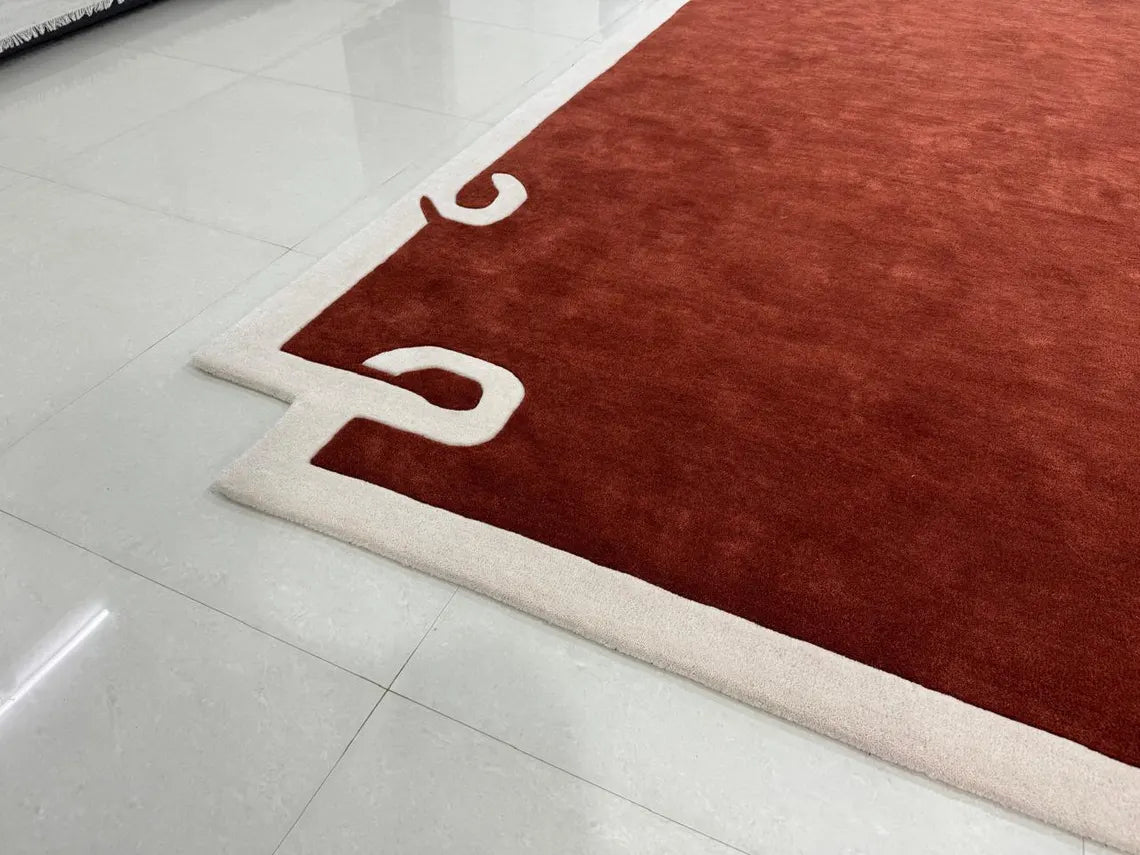 Modern Hand-Tufted Maroon Area Rug – Abstract Border Wool Carpet for Living Room & Bedroom Décor