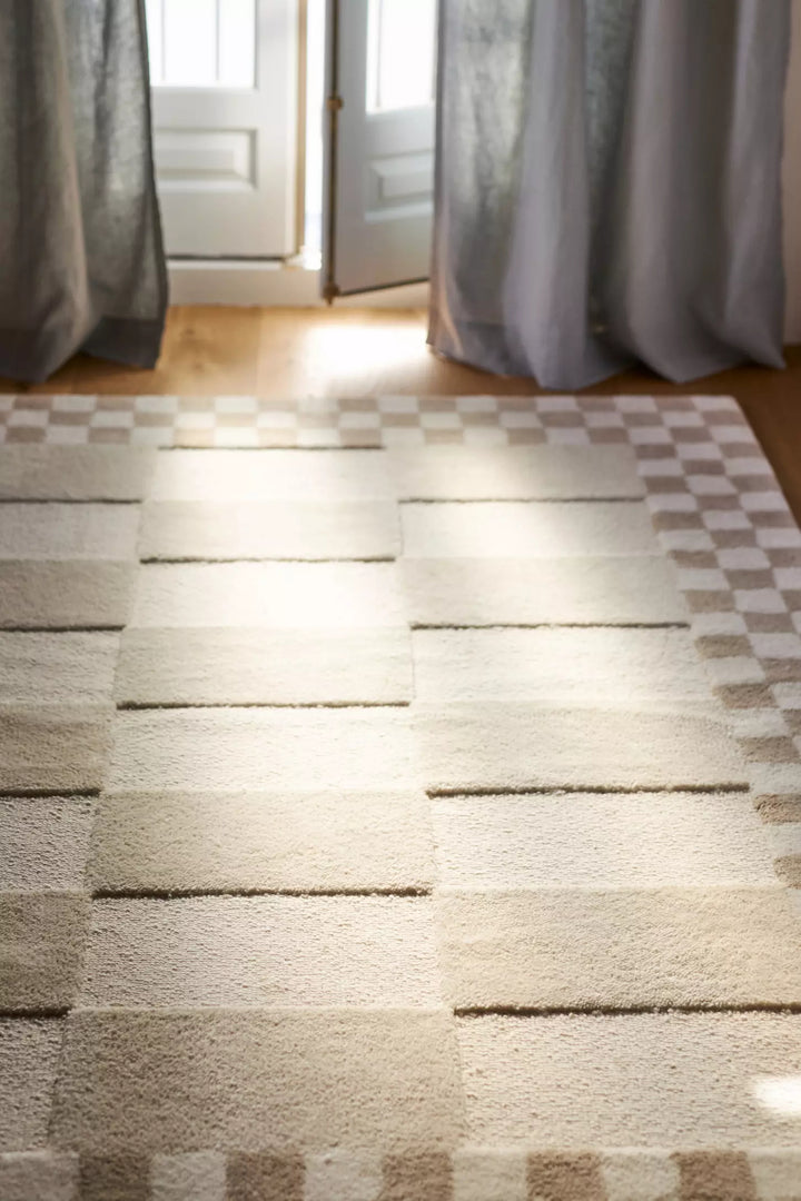 Modern Checkerboard Hand Tufted Wool Rug, Cream Beige Geometric Area Rug, Neutral Minimalist Living Room Carpet, Luxury Handmade Bedroom Rug, Contemporary Home Decor Gift