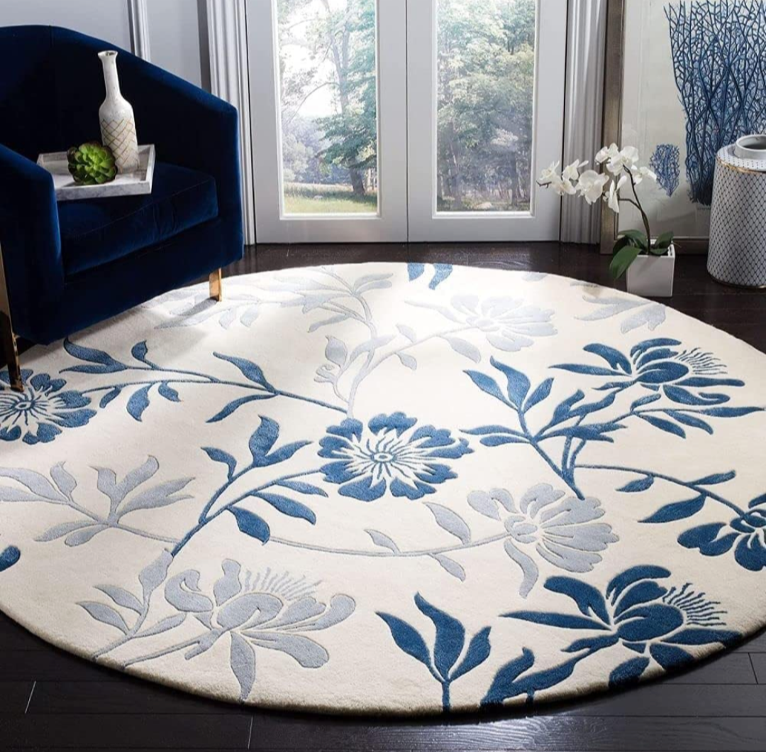 Round Ivory and Blue Floral Carpet – Soft Botanical Area Rug for Living Room, Bedroom & Office – Elegant Modern Floor Mat
