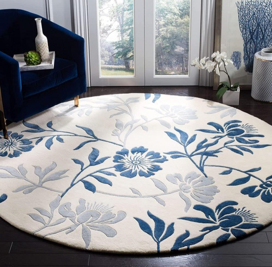 Round Ivory and Blue Floral Carpet – Soft Botanical Area Rug for Living Room, Bedroom & Office – Elegant Modern Floor Mat