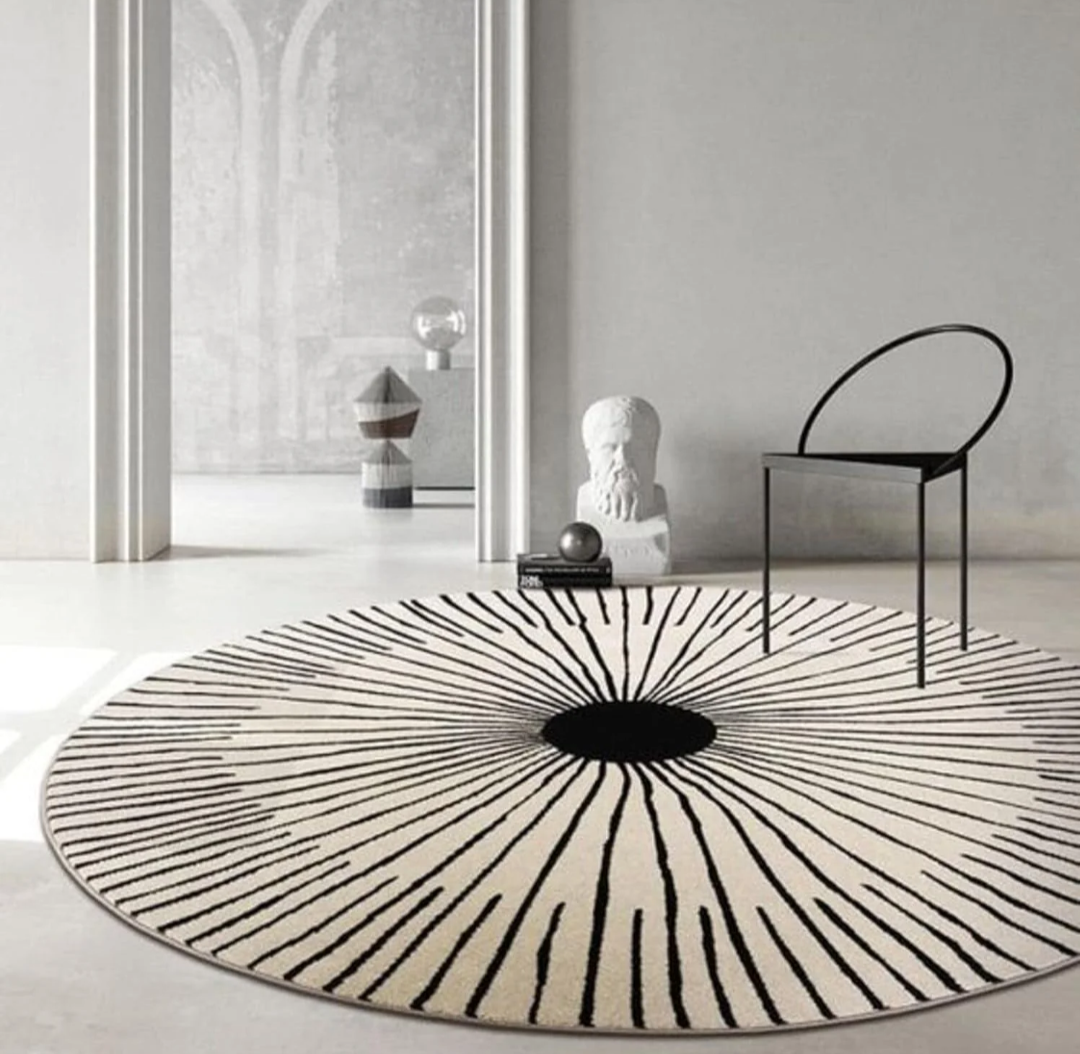 Modern Minimalist Round Area Rug – Black and White Sunburst Design Carpet for Living Room, Bedroom, or Office Decor