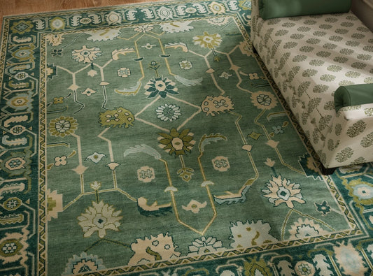 Luxury Hand-Knotted Oushak Rug – Soft Green Turkish Wool Carpet for Elegant Homes