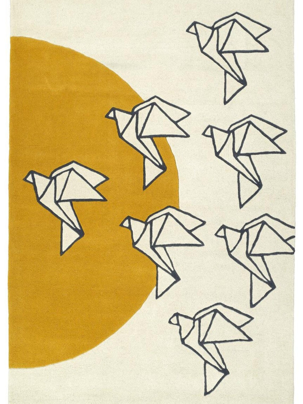 Modern Minimalist Bird Design Rug – Hand Tufted Wool Carpet with Golden Sun & Origami Bird Pattern for Living Room & Bedroom Décor